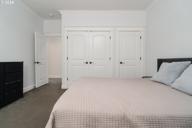 carpeted bedroom featuring crown molding and a closet