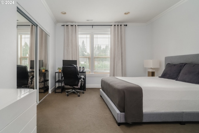 carpeted bedroom featuring multiple windows and crown molding