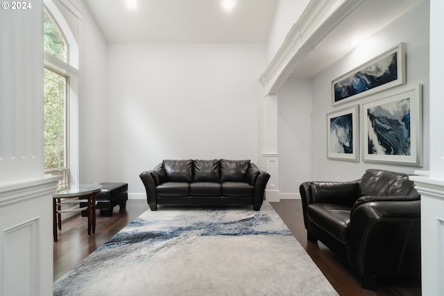 living room with dark wood-type flooring