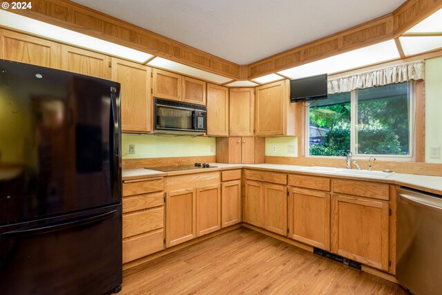 kitchen with light wood-type flooring, black appliances, and sink