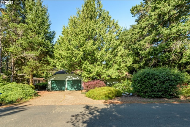 view of front facade featuring concrete driveway and an outdoor structure