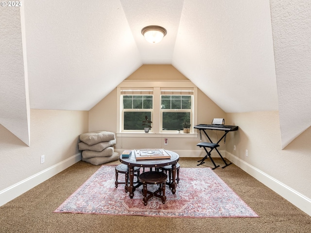 interior space with lofted ceiling, carpet, and a textured ceiling