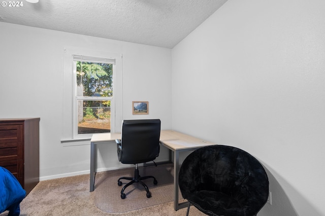 home office featuring a textured ceiling and carpet