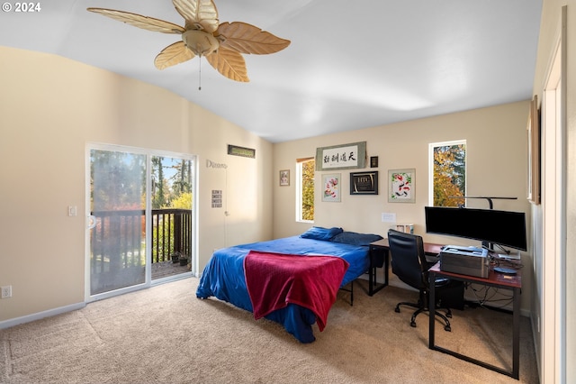 bedroom featuring ceiling fan, access to exterior, carpet flooring, and lofted ceiling