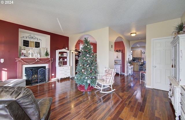 living room featuring dark hardwood / wood-style flooring and a textured ceiling