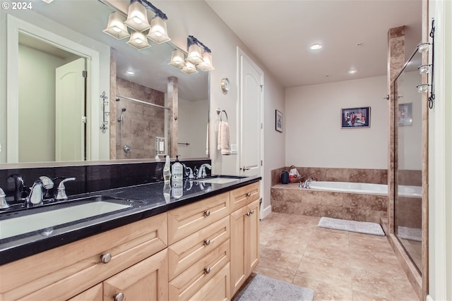 707 N Hayden Island Dr Unit 301, Portland, OR 97217 - full bathroom with a stall shower, double vanity, a bath, tile patterned floors, and recessed lighting