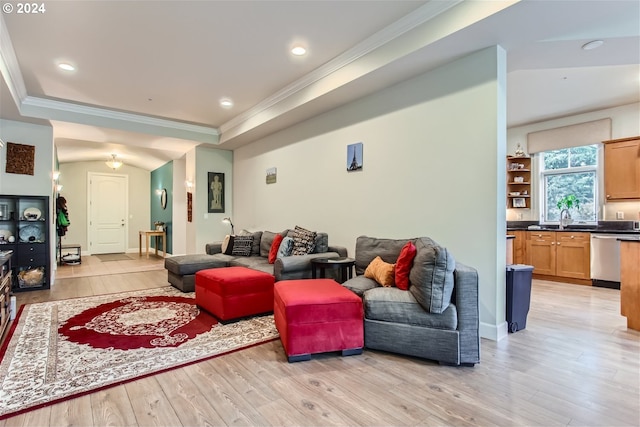 707 N Hayden Island Dr Unit 301, Portland, OR 97217 - living room featuring crown molding, light wood-type flooring, a tray ceiling, and recessed lighting