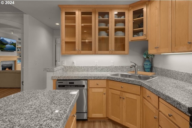 kitchen featuring sink, light hardwood / wood-style floors, and stainless steel dishwasher