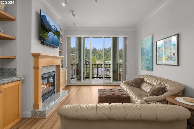 living room with ornamental molding and light hardwood / wood-style flooring