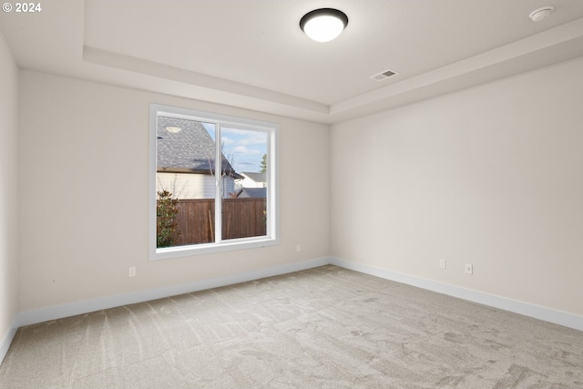 unfurnished room with light carpet and a tray ceiling