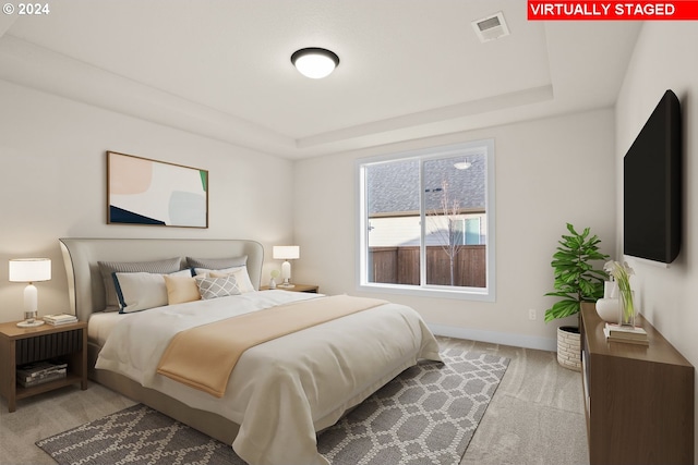 carpeted bedroom featuring a raised ceiling