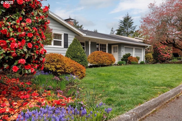 view of property exterior with an attached garage, a yard, and a chimney