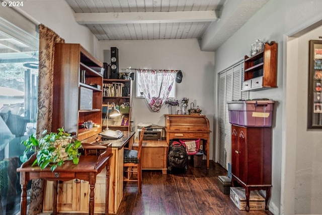 home office with beam ceiling, dark hardwood / wood-style flooring, and wooden ceiling