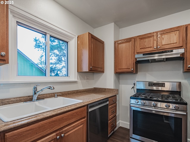 kitchen featuring sink, stainless steel appliances, and dark wood-type flooring