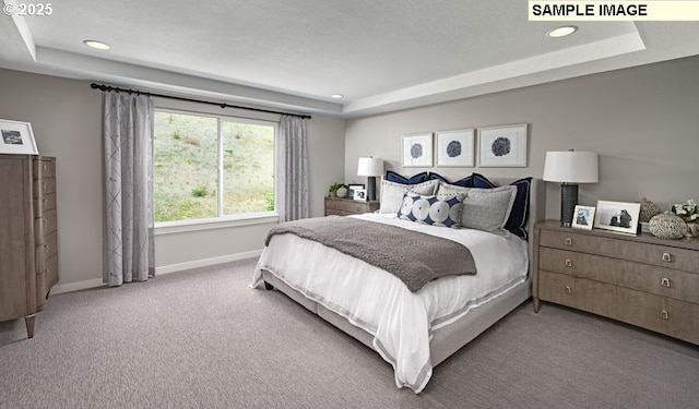 carpeted bedroom featuring a tray ceiling