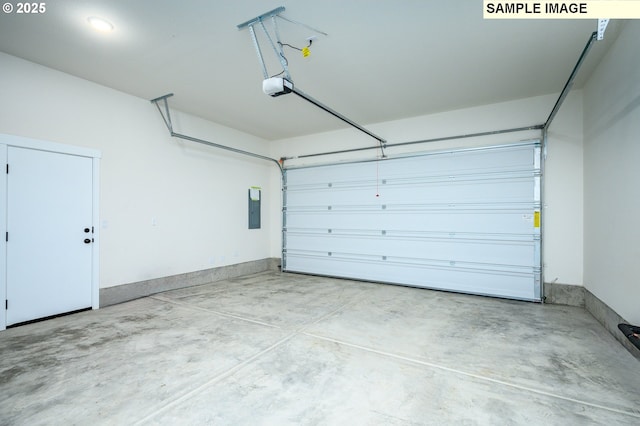 garage featuring electric panel and a garage door opener