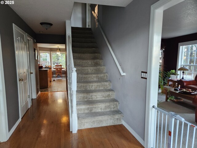 staircase with hardwood / wood-style floors and a textured ceiling