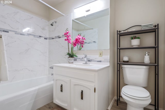 full bathroom featuring backsplash, hardwood / wood-style floors, toilet, vanity, and shower / tub combo with curtain