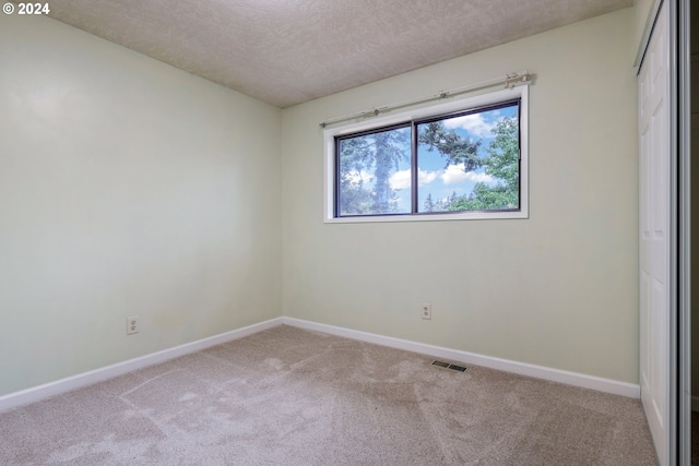 empty room featuring a textured ceiling and light colored carpet