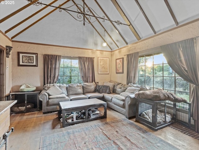 living room featuring beamed ceiling, hardwood / wood-style flooring, high vaulted ceiling, and ceiling fan