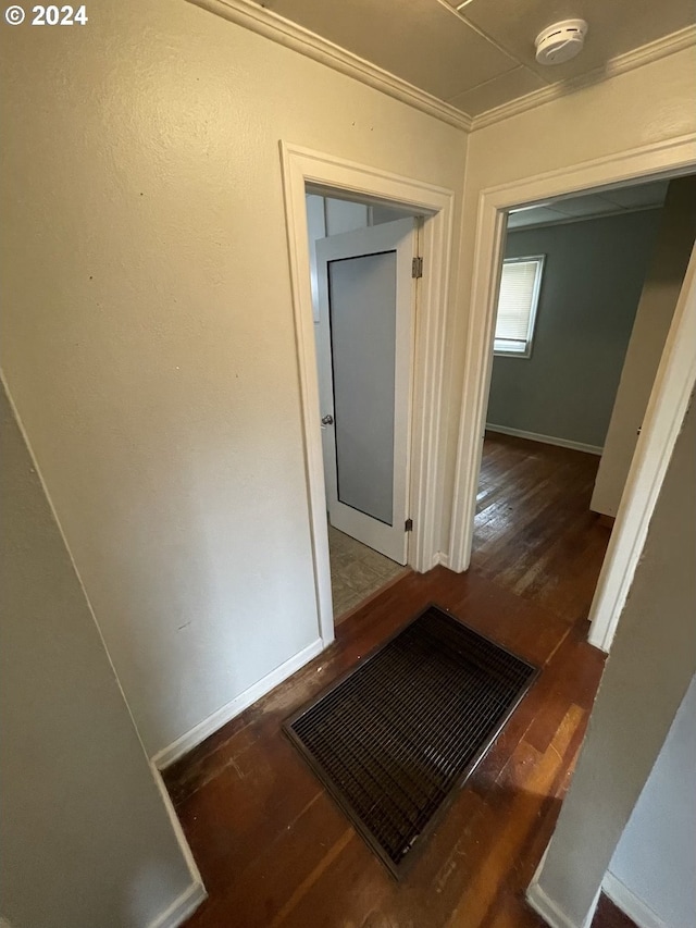 corridor with crown molding and dark hardwood / wood-style floors