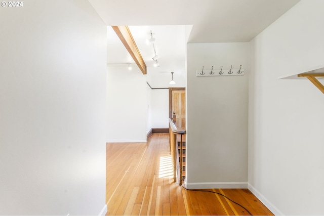 corridor featuring hardwood / wood-style floors and track lighting