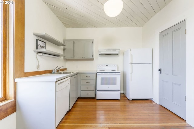 kitchen with range hood, wooden ceiling, white appliances, and sink