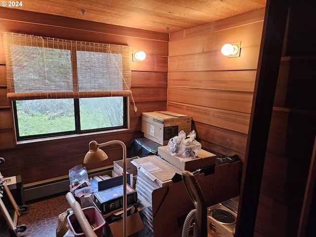 interior space with wood ceiling and wooden walls