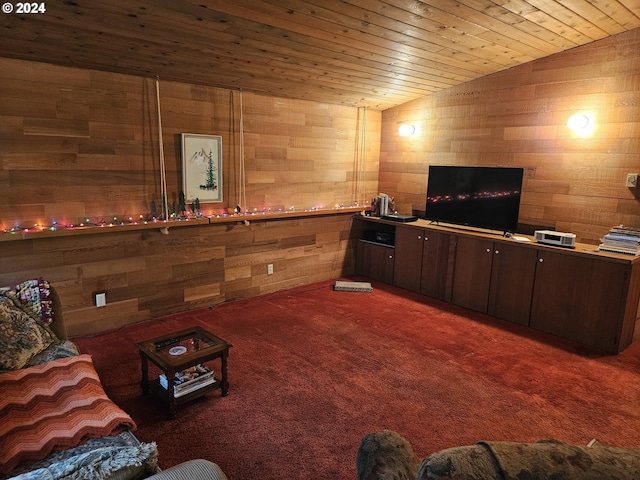 living room featuring dark carpet, wooden ceiling, vaulted ceiling, and wooden walls