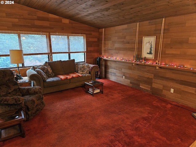 living room with carpet, wood walls, wood ceiling, and vaulted ceiling