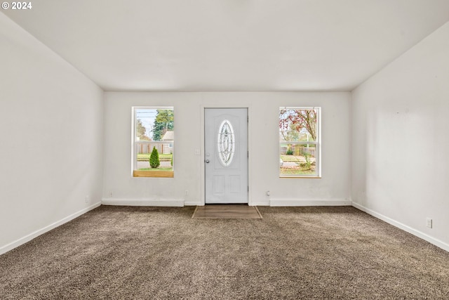 foyer entrance featuring a wealth of natural light and carpet