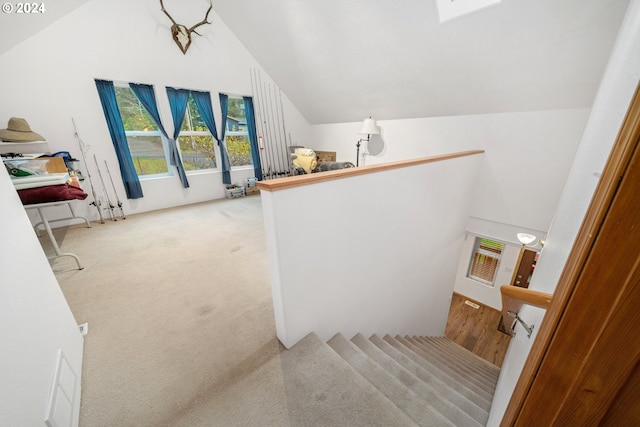 stairway featuring carpet floors and vaulted ceiling