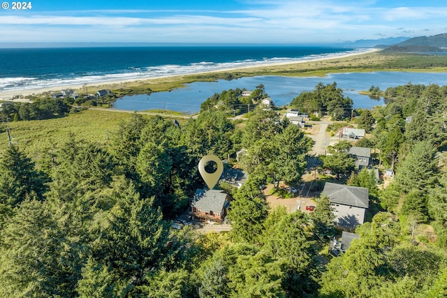 aerial view featuring a beach view and a water view