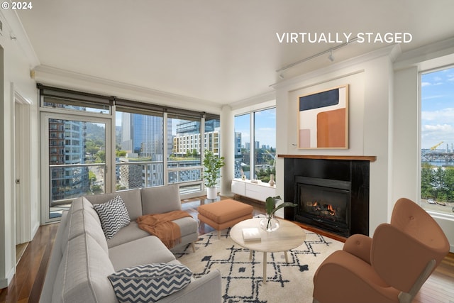 living room featuring hardwood / wood-style floors and crown molding