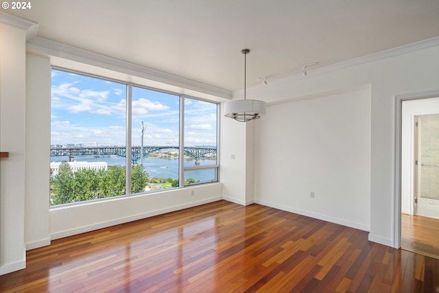 unfurnished room with hardwood / wood-style flooring, rail lighting, and a water view