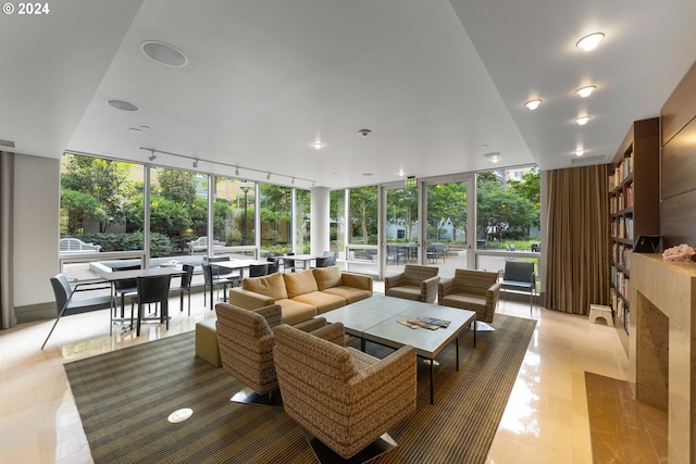 interior space featuring rail lighting, a wealth of natural light, and expansive windows