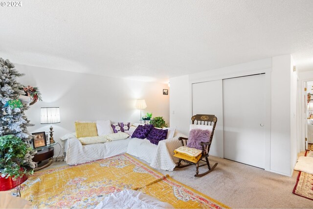 living room featuring a textured ceiling and light colored carpet