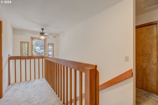 hall with light carpet and a textured ceiling