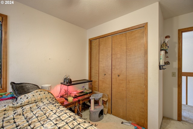 bedroom featuring light carpet and a closet