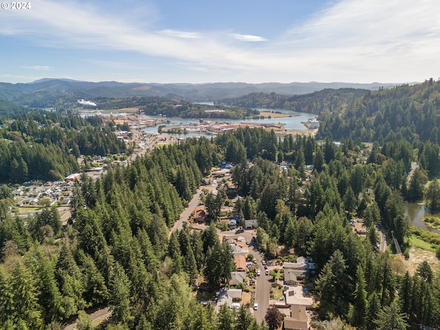 birds eye view of property with a water and mountain view