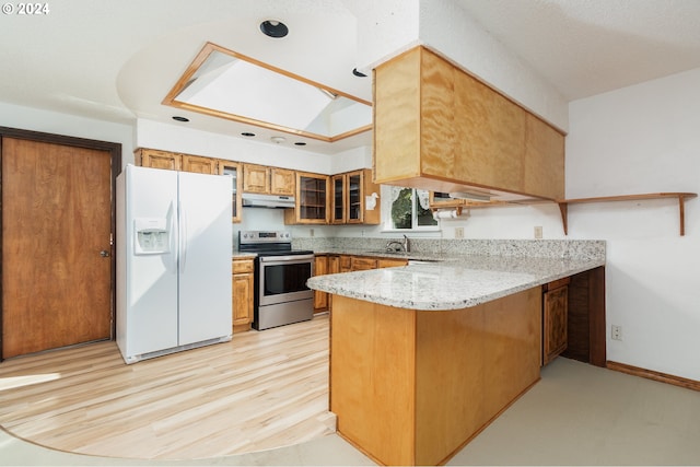 kitchen featuring white fridge with ice dispenser, sink, electric stove, kitchen peninsula, and light hardwood / wood-style flooring