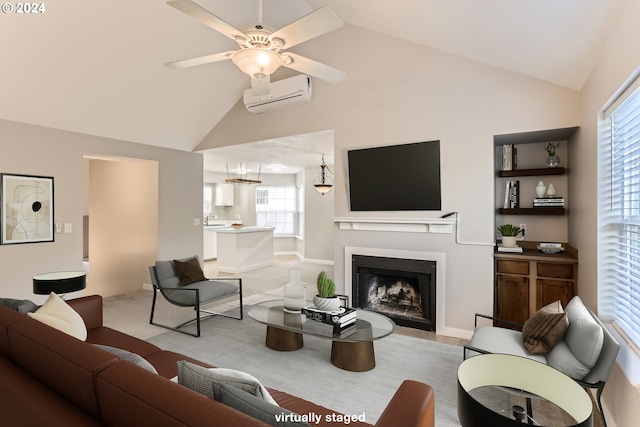 living room with high vaulted ceiling, an AC wall unit, and ceiling fan