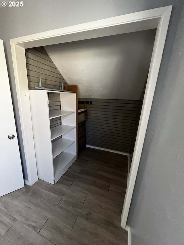 spacious closet featuring dark wood-style floors and lofted ceiling