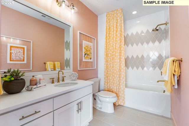 full bathroom featuring visible vents, toilet, shower / tub combo with curtain, tile patterned flooring, and vanity