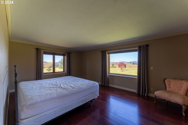 bedroom with multiple windows, dark wood-type flooring, and ornamental molding