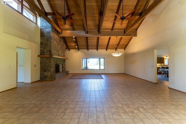 unfurnished living room featuring beam ceiling, high vaulted ceiling, ceiling fan, and wood ceiling