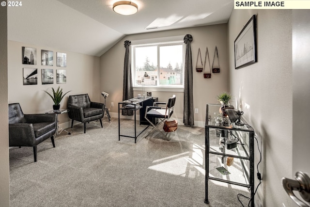 home office with carpet floors and lofted ceiling