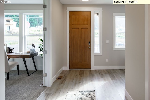 foyer entrance with light hardwood / wood-style flooring