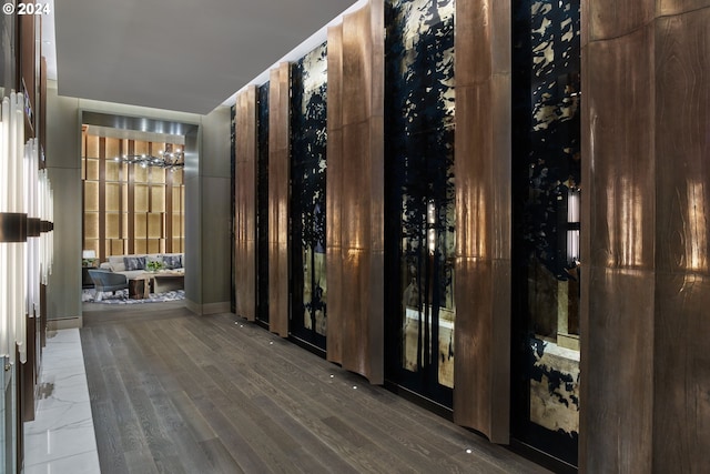 wine room with dark wood-type flooring