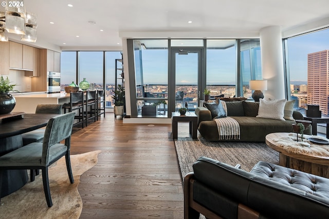 living room featuring floor to ceiling windows and dark hardwood / wood-style floors